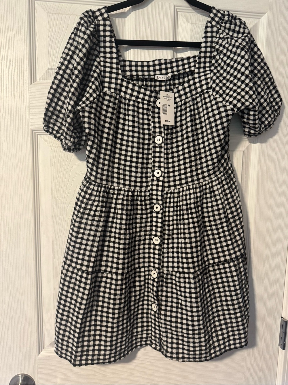 Dex Black and White Gingham Puff-Sleeve Dress